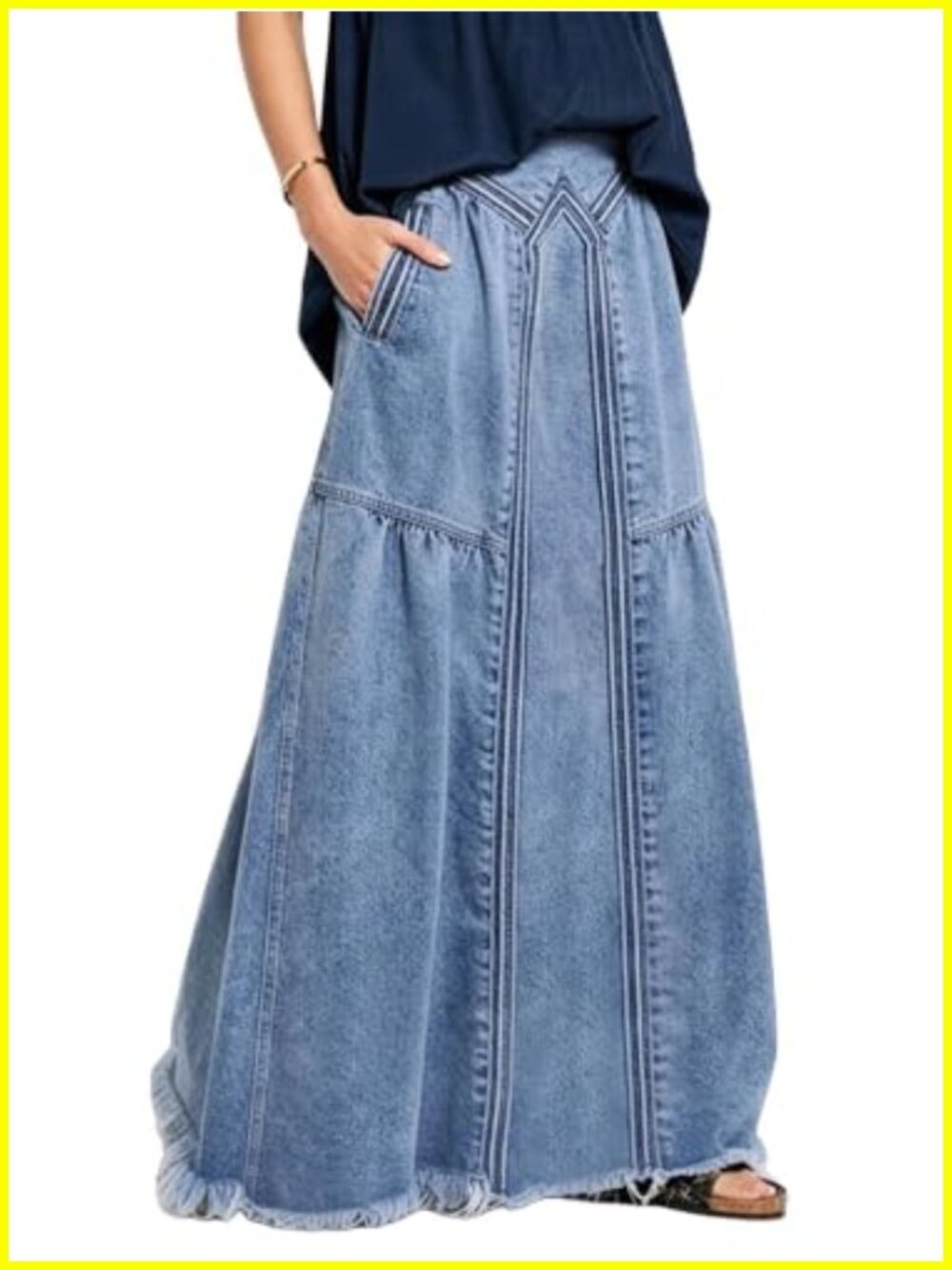 Women's High Rise A-Line Frayed Maxi Denim Skirt with Pockets